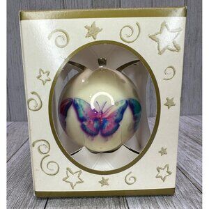 Vtg Vallow LLC Christmas Blown Glass Ball Ornament Butterfly Design Box 2" DIA